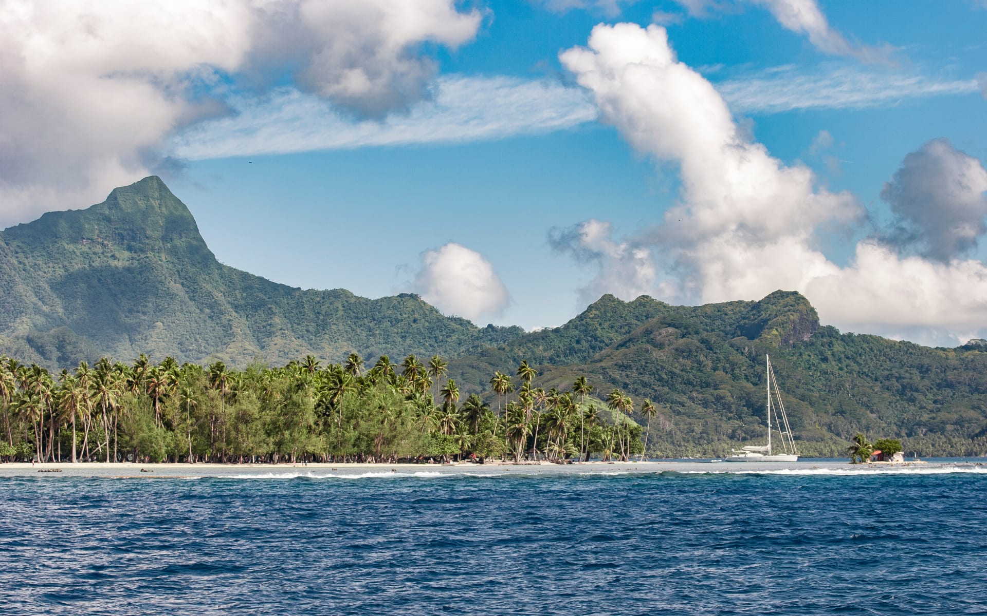 A yacht is anchored in the sea, backed by green trees and mountains. 