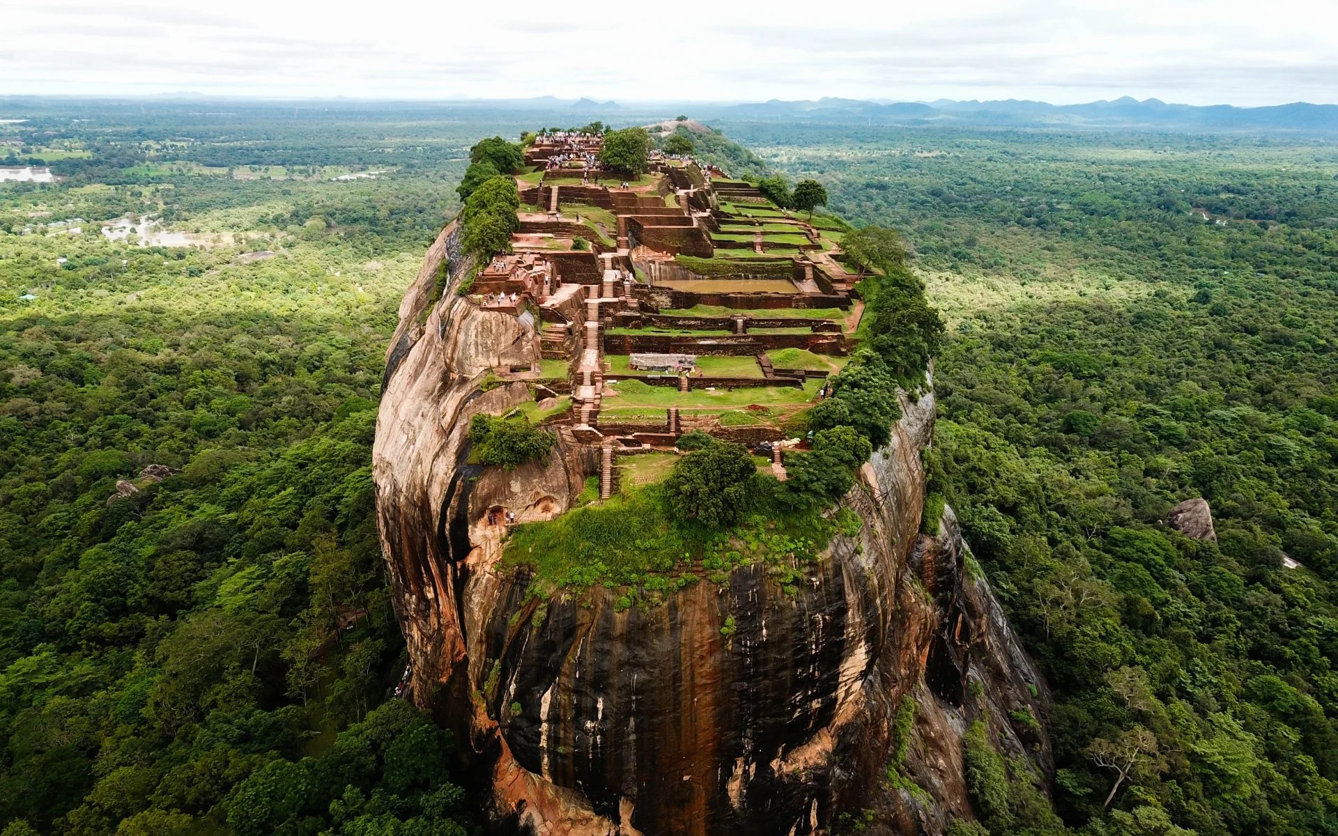 An aerial view of Sigiriya Rock and its temple complex.