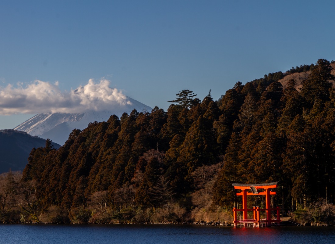 The bright red Torii gates in Hakone stand in front of trees and the snow-covered volcano. 