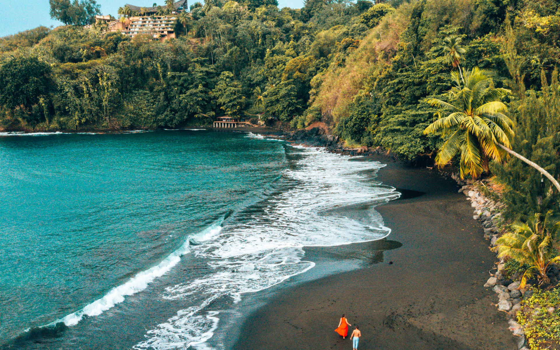 Ariel View of Tahiti's black sand beaches from Le Tahiti by Pearl Hotel. 