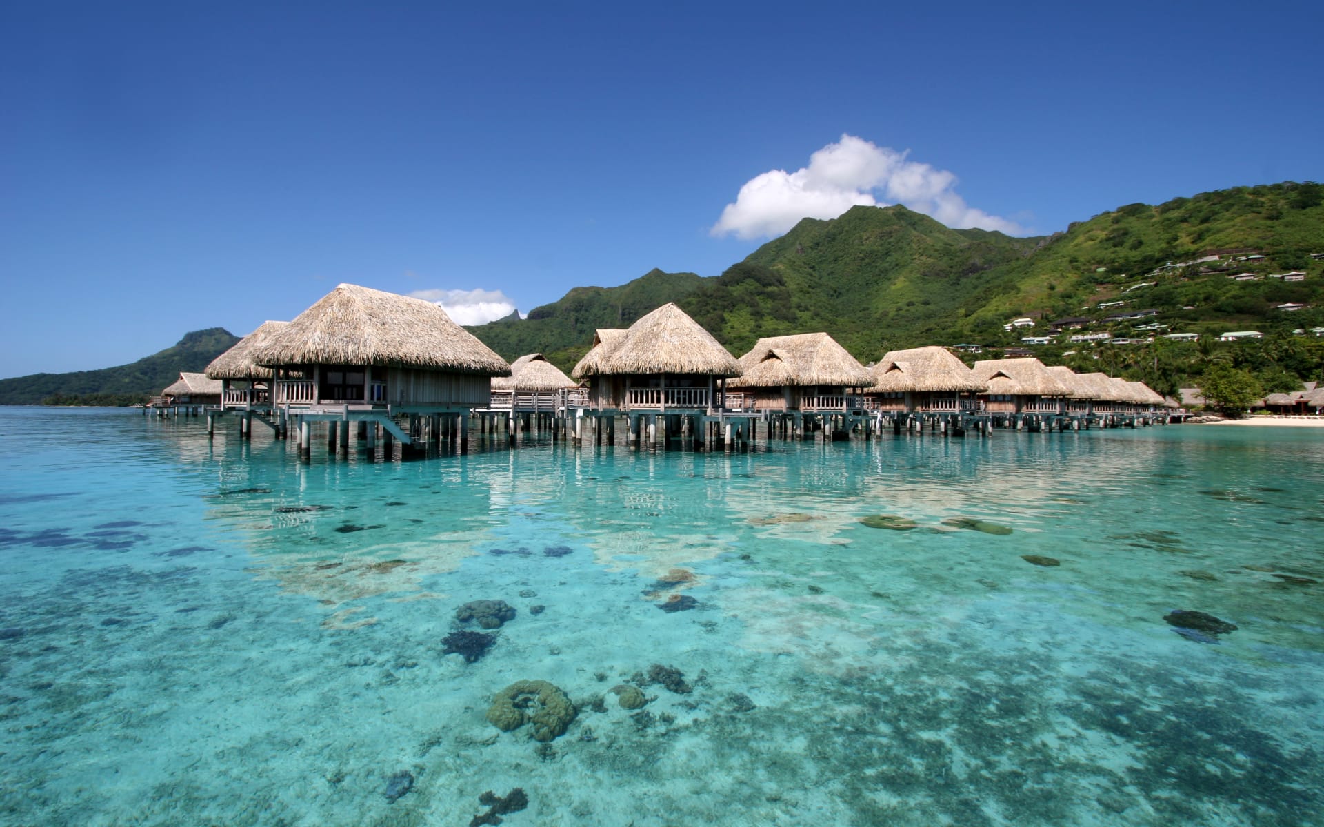 overwater villas with mountains in the background