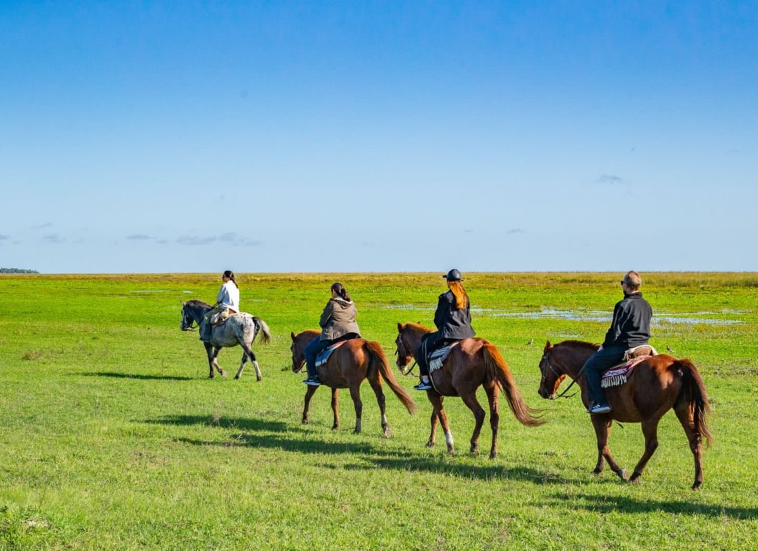 Four people are horseriding across a green field. 