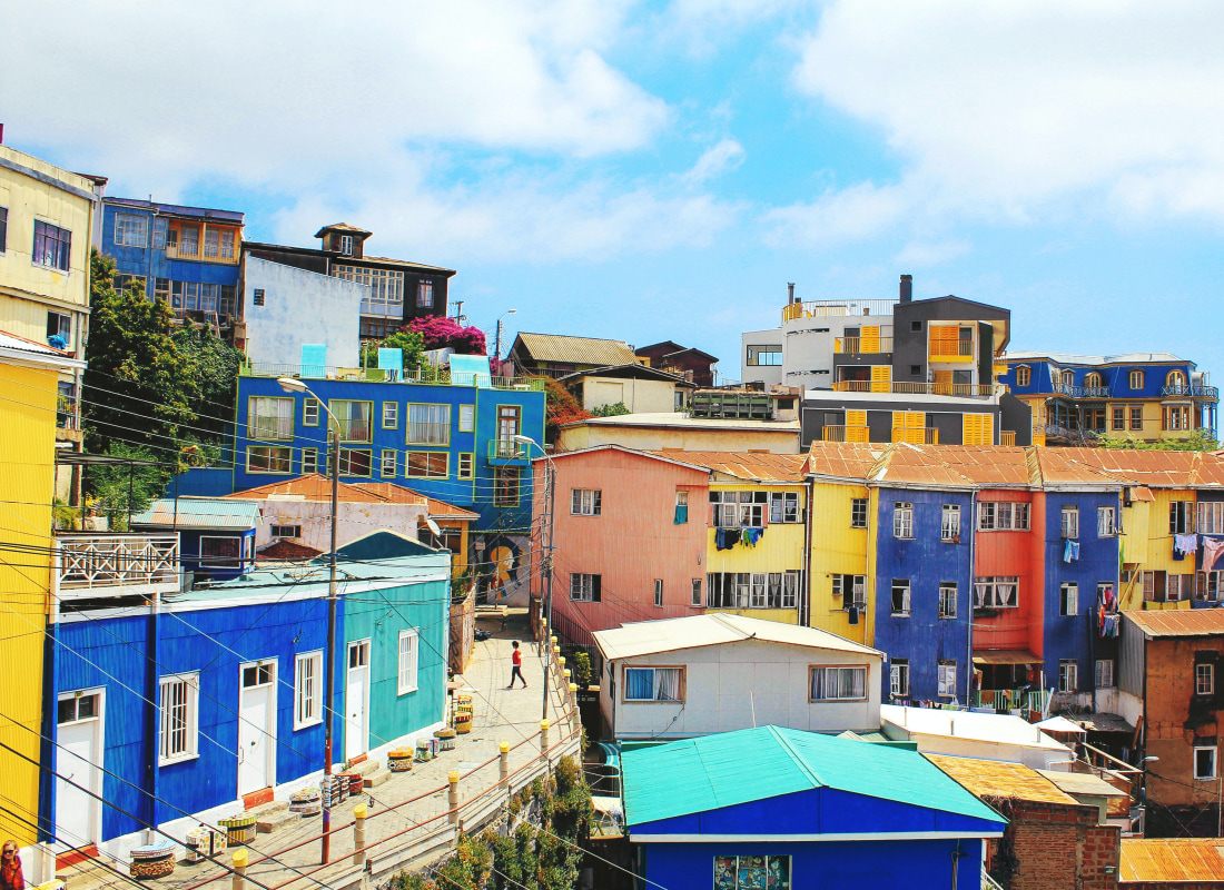 Rows of vibrant and colourful houses line the streets in Valparaiso in Chile.