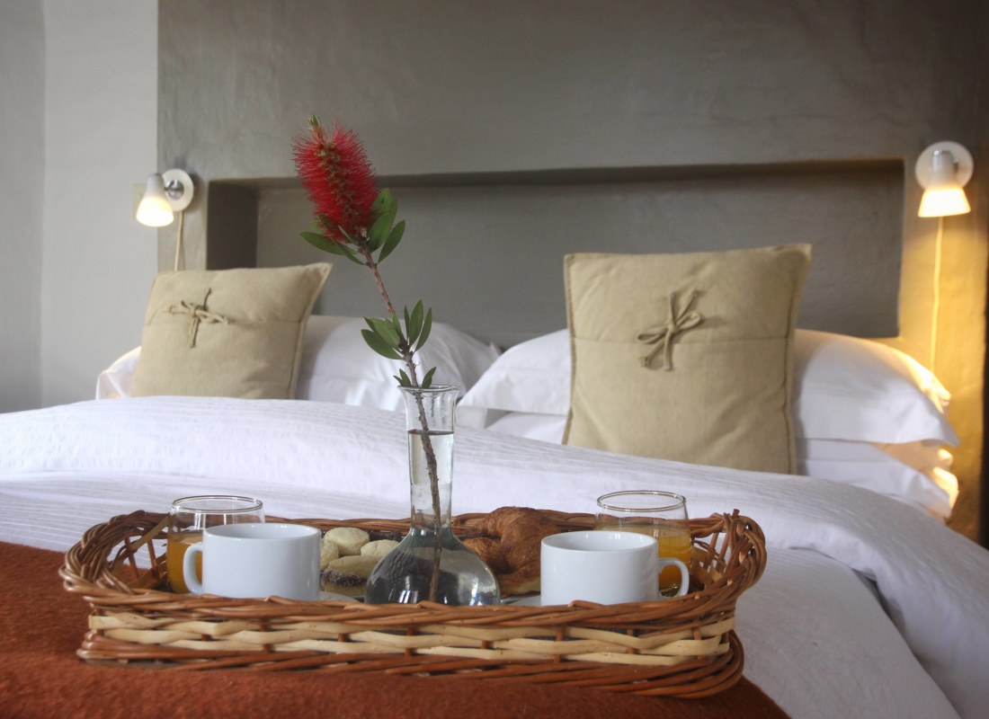 At Finca Valentina, enjoy breakfast in bed, which comes on a tray with flowers, coffee, juice and pastries. 