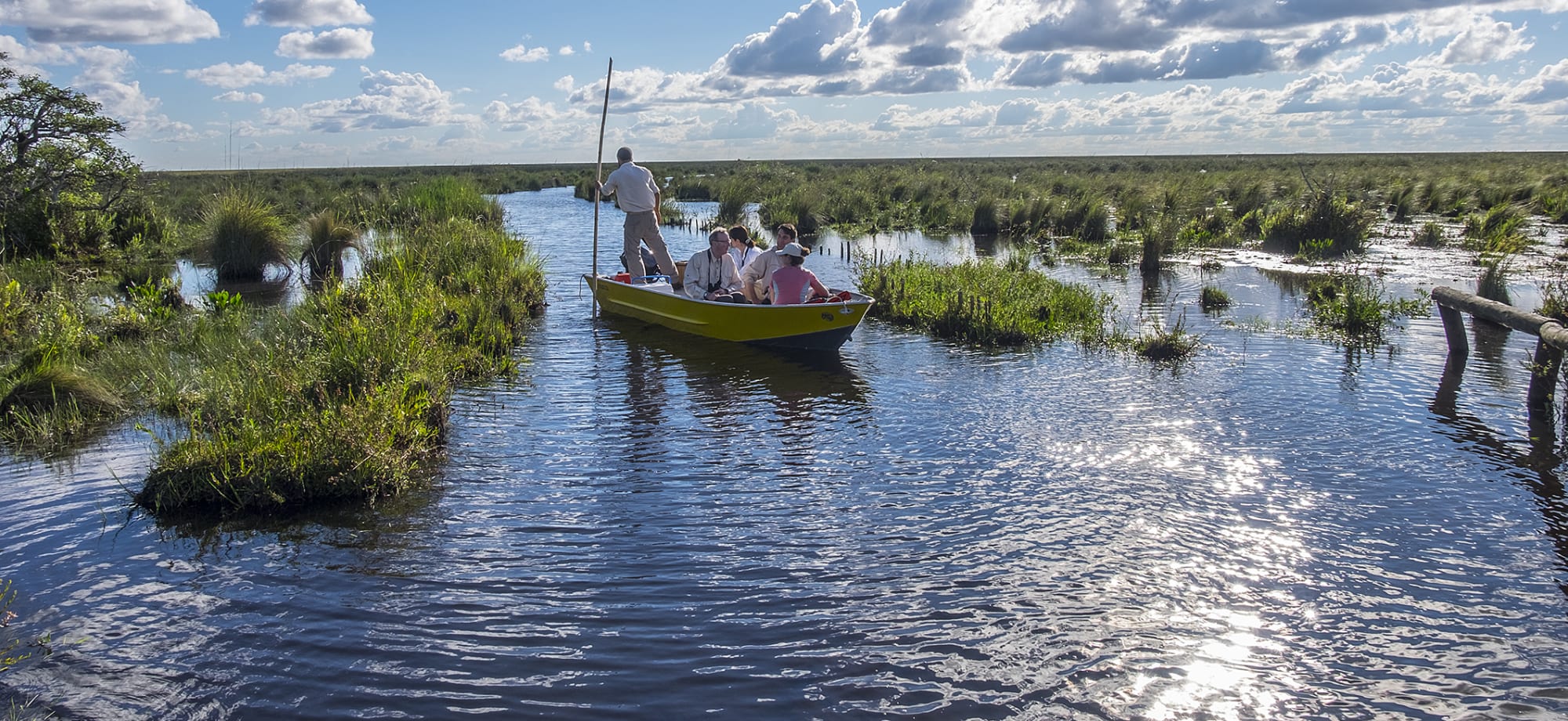 A group in a traditional boat are on safari through the Iberá Wetlands. 