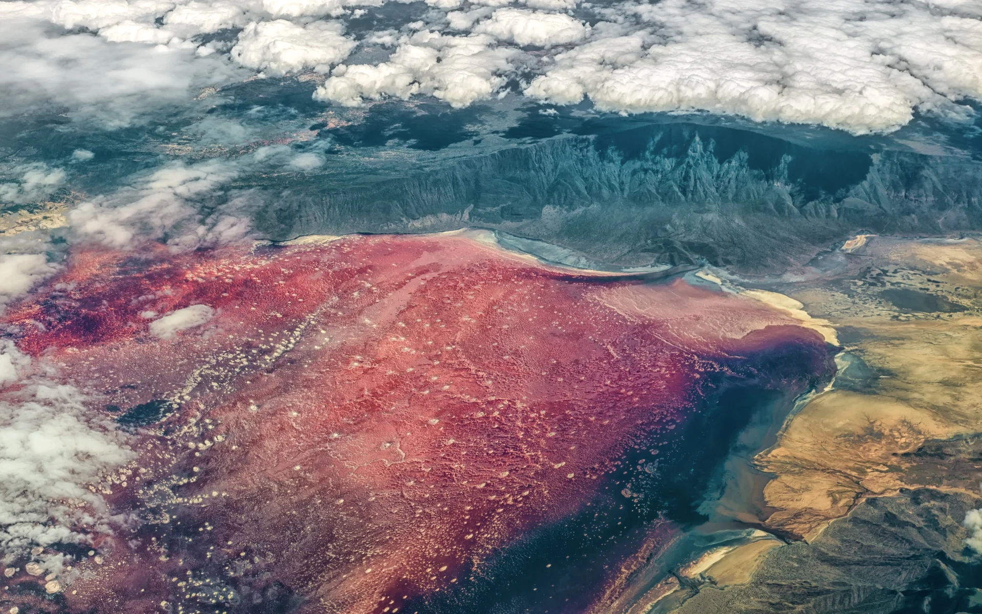 Lake Natron sparkles in a deep red, contrasting its rocky and cliffy banks.