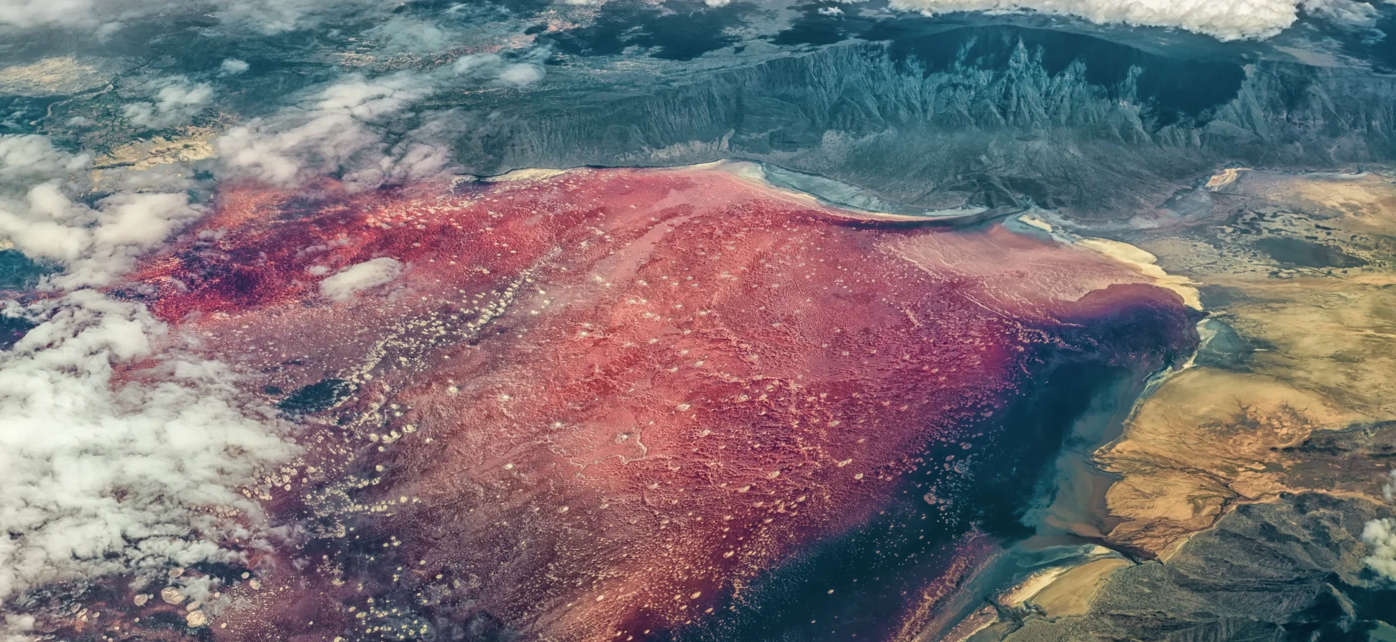 Lake Natron sparkles in a deep red colour, contrasting its rocky banks.