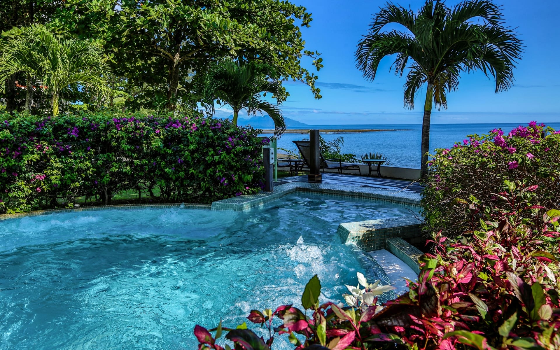Hot tub with ocean and palm tree view