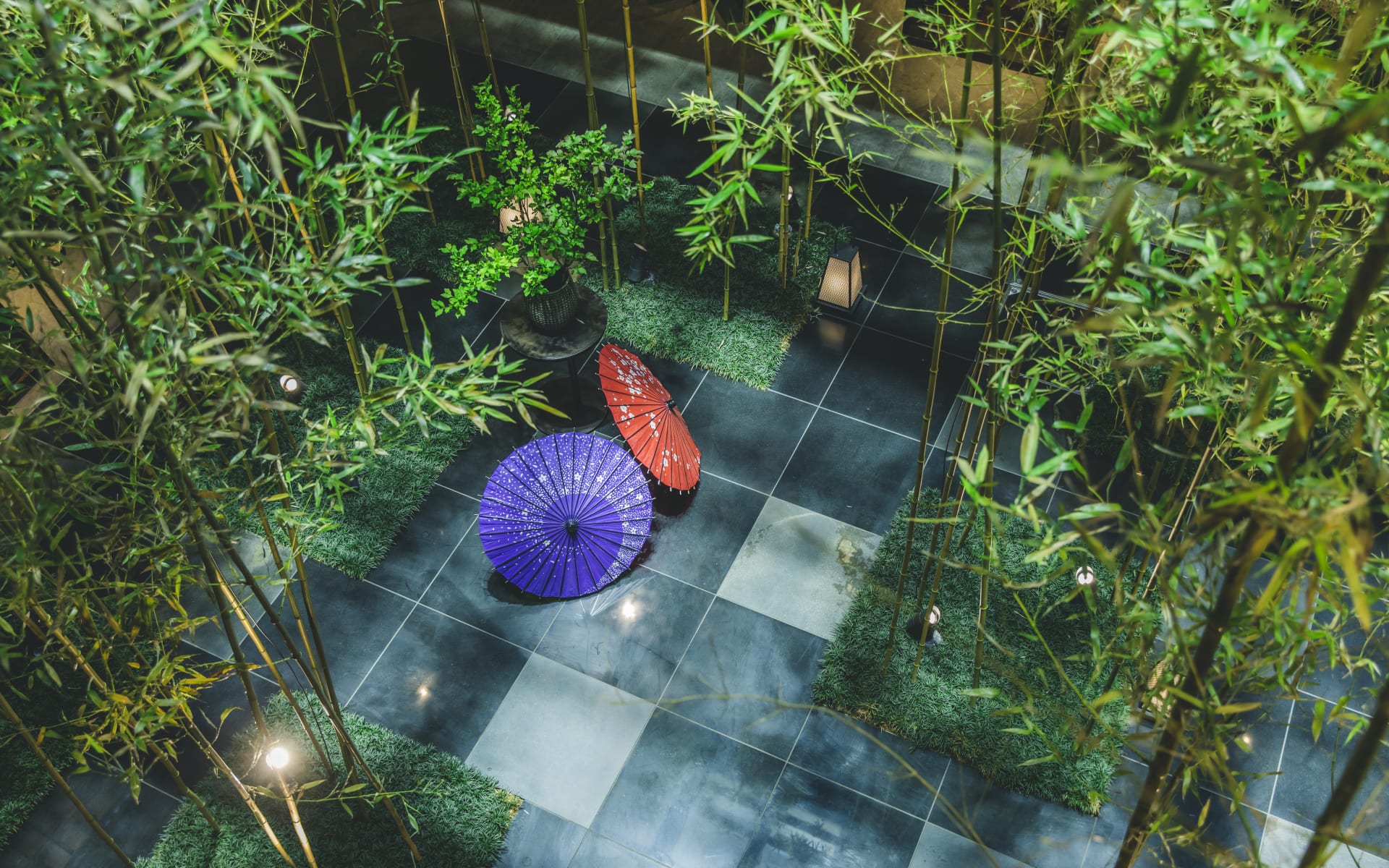 There is a red umbrella and a purple umbrella surrounded by bamboo trees in the lobby of Dhawa Yura Hotel.