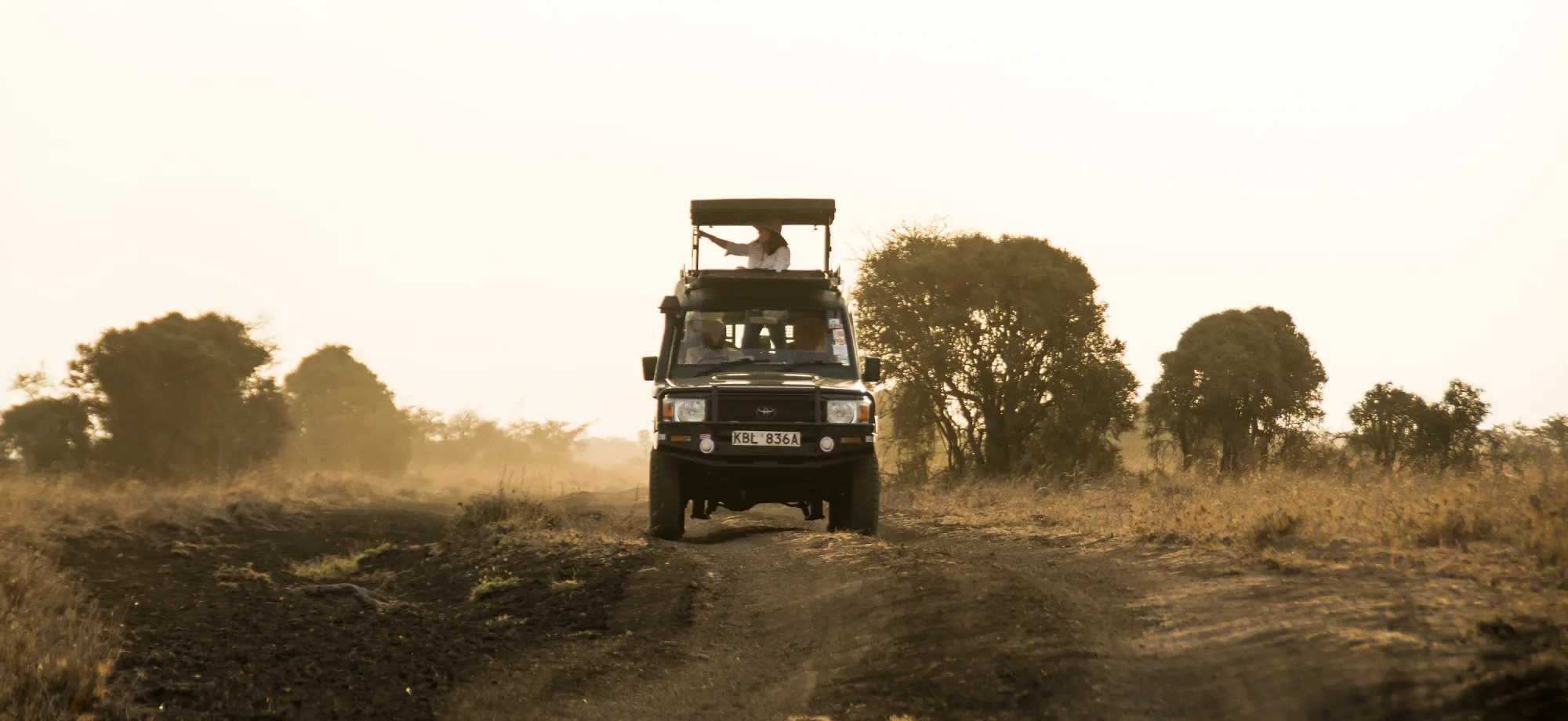 A safari vehicle is driving through the dusty African bush.