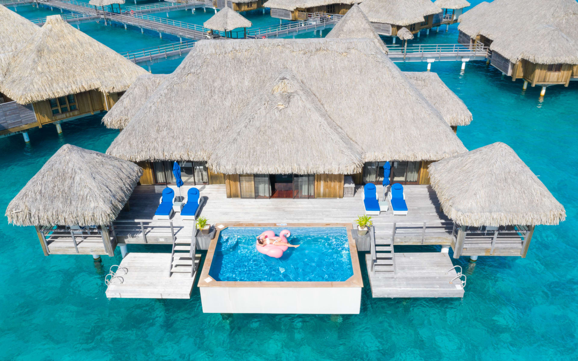Ariel view of overwater royal bungalow