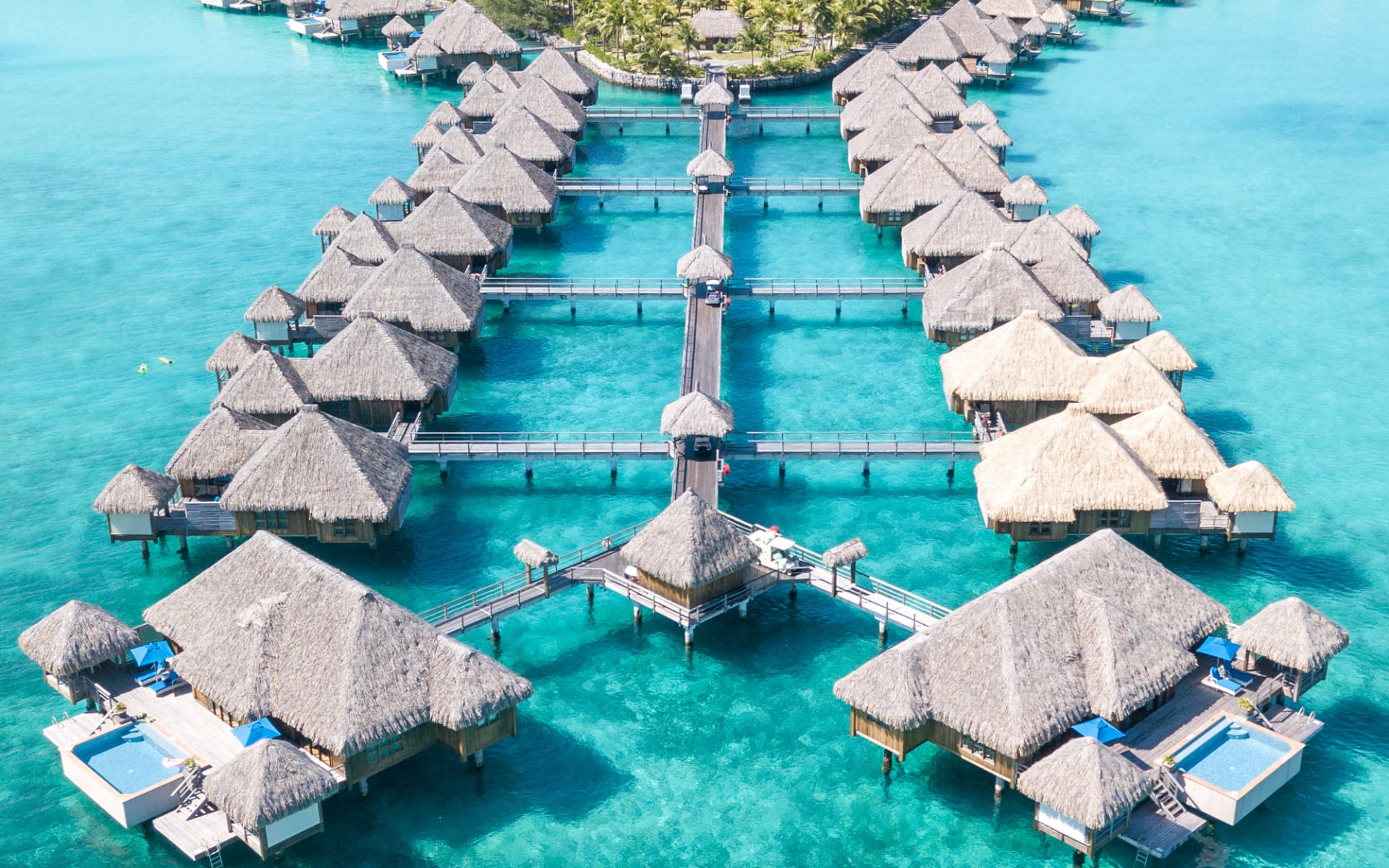 Ariel view of overwater bungalows