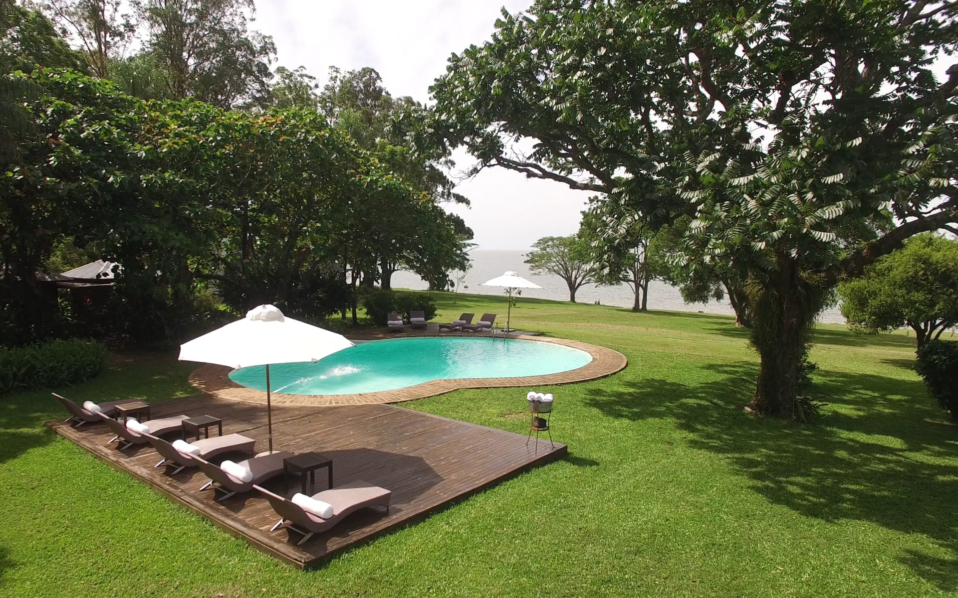 Five sun loungers with a white umbrella overlook a small swimming pool surrounded by trees and water.