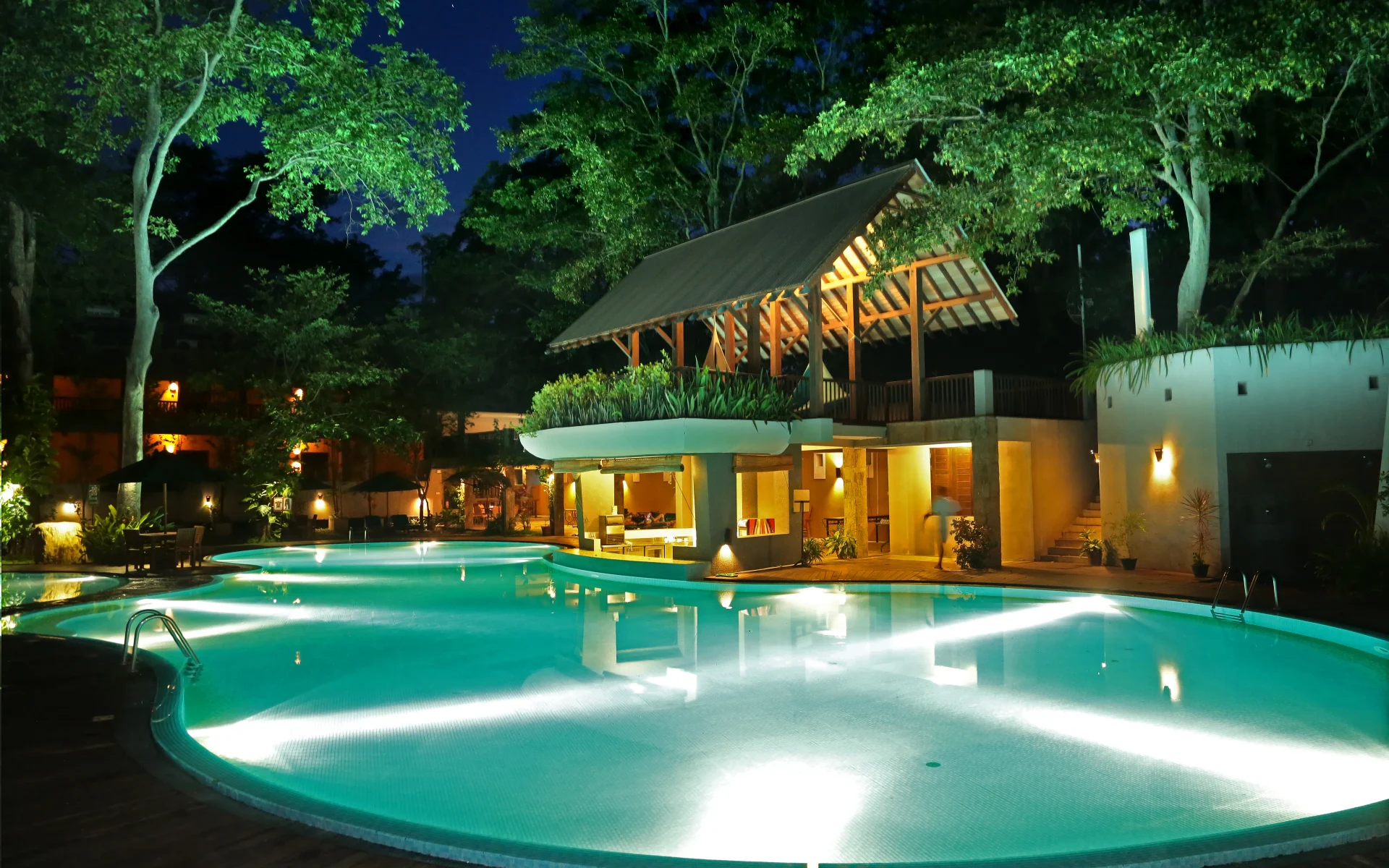 The main outdoor pool is lit up during the evening hours, encased by towering trees.