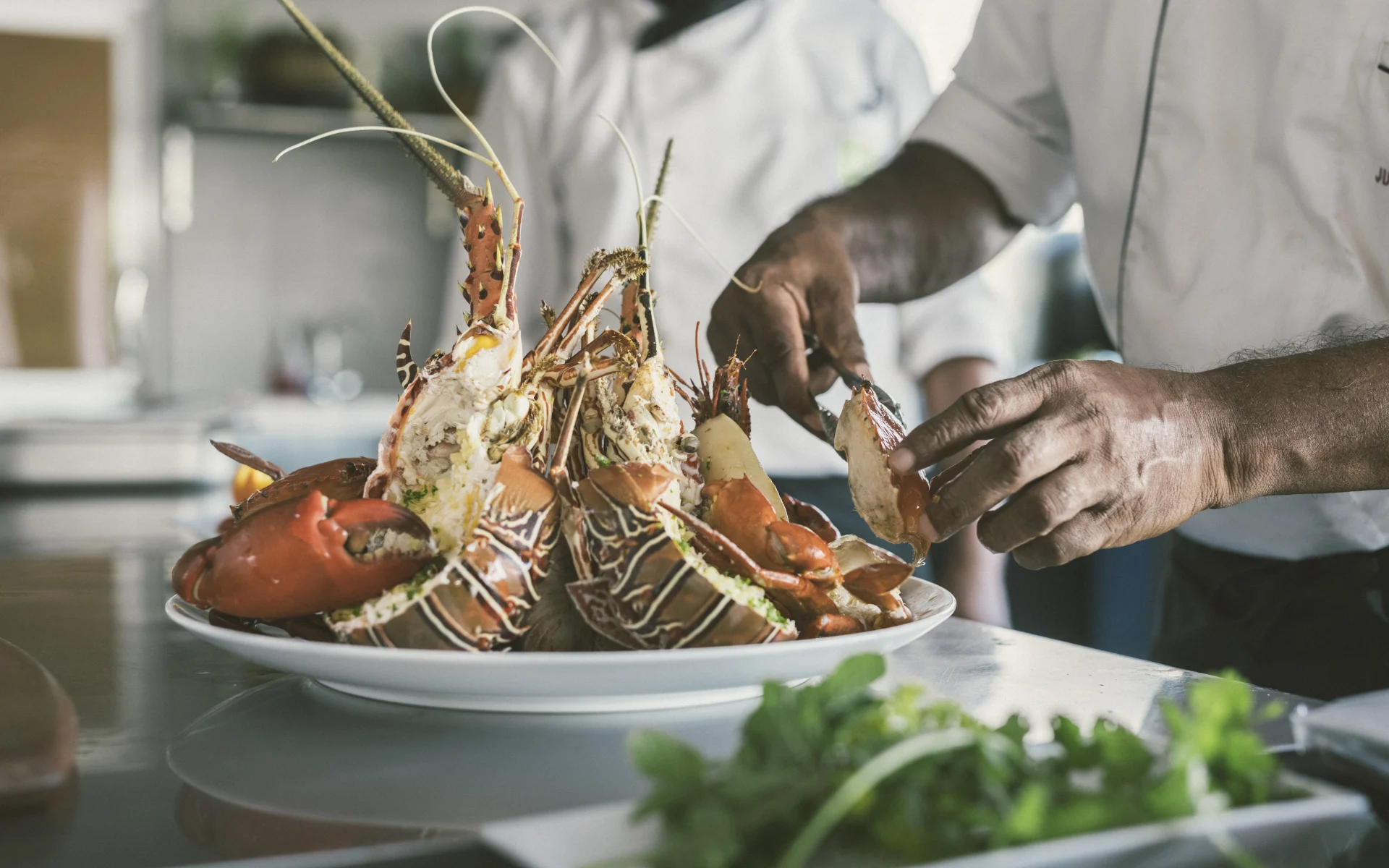 A well-presented dish of fresh lobster is being carefully prepared by the hotel chef.