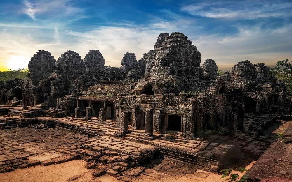 Ancient Khmer architecture at temple in Angkor Cambodia