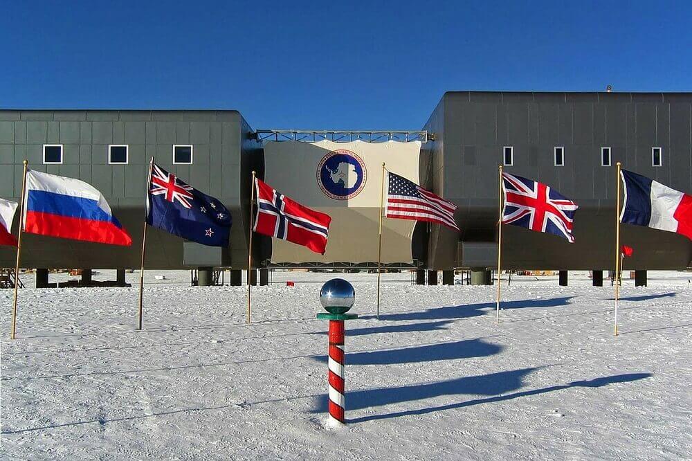Antarctica station with flags