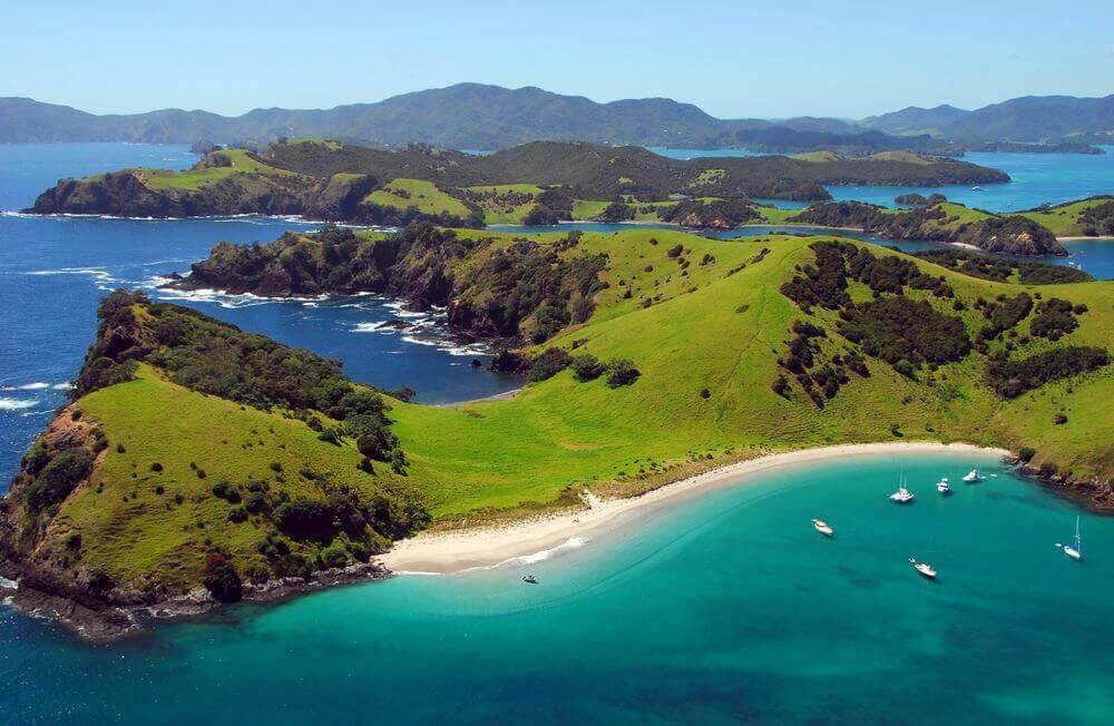 blue water and lush greenery of the bay of islands new zealand