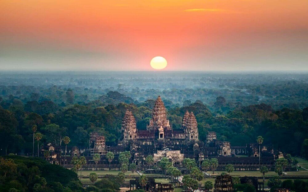 Beautiful aerial view of Angkor Wat sunrise ancient temple in Cambodia