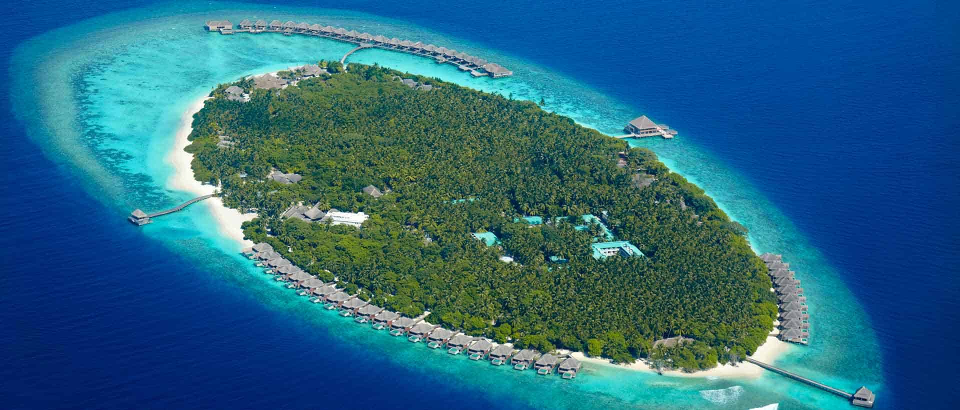 aerial view of private island of Dusit Thani Maldives