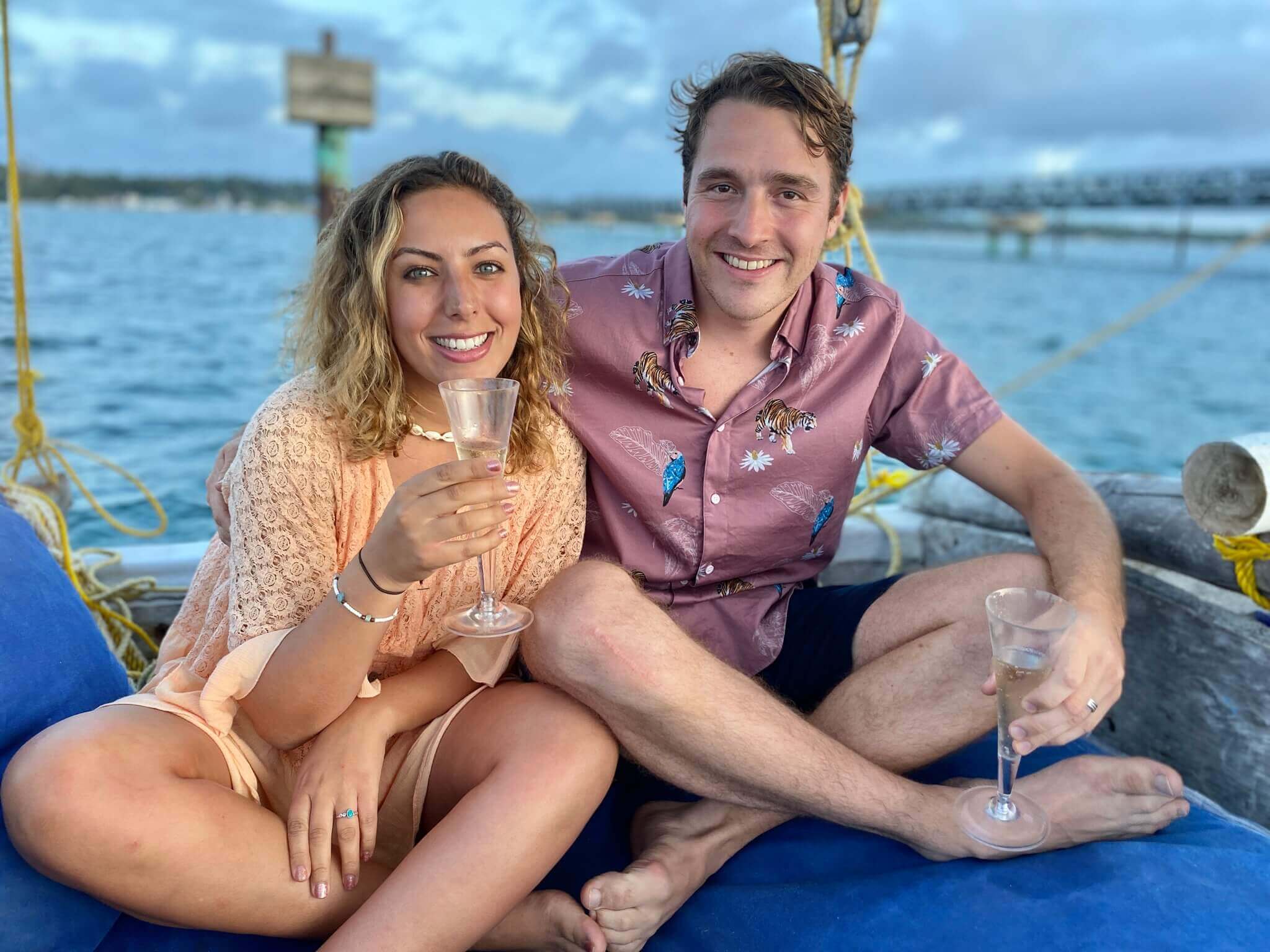 Gary & Yasmin enjoying a sundowner on a Tanzania dhow off the coast of Mafia Island