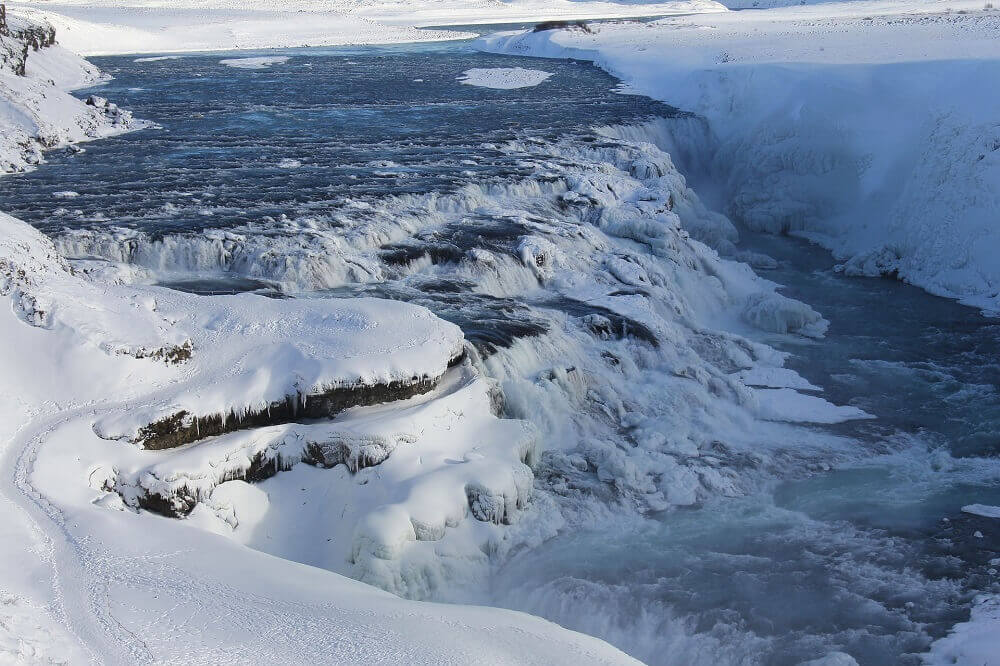 Gullfoss Falls in Iceland waterfall covered in snow during winter