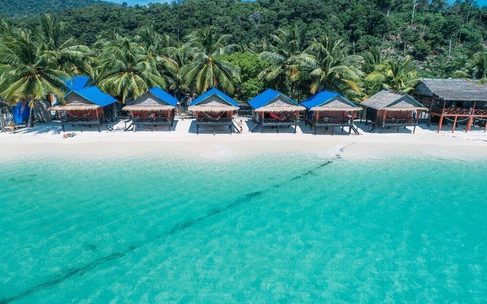 Koh Rong Island beach chalets from above in Cambodia
