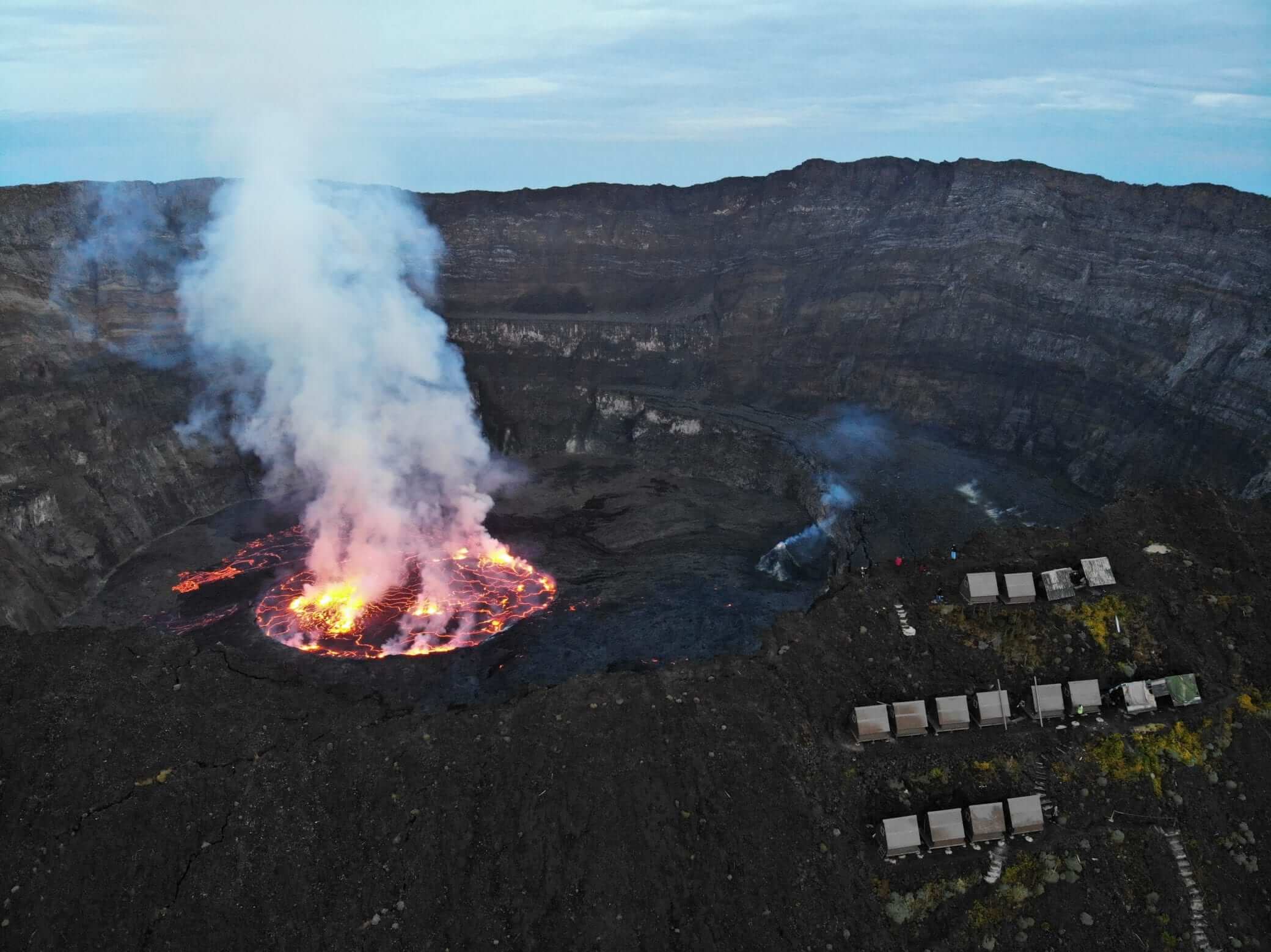 Nyiragongo Crater & the Crater Huts viewed from above
