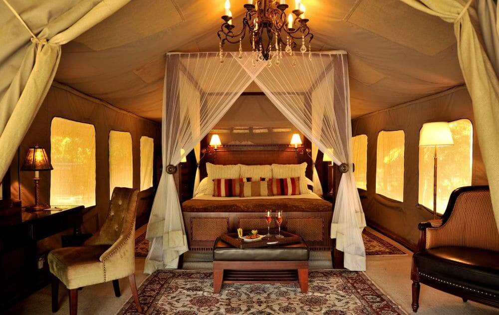 interior of a luxury tent at selous serena camp, selous game reserve, tanzania