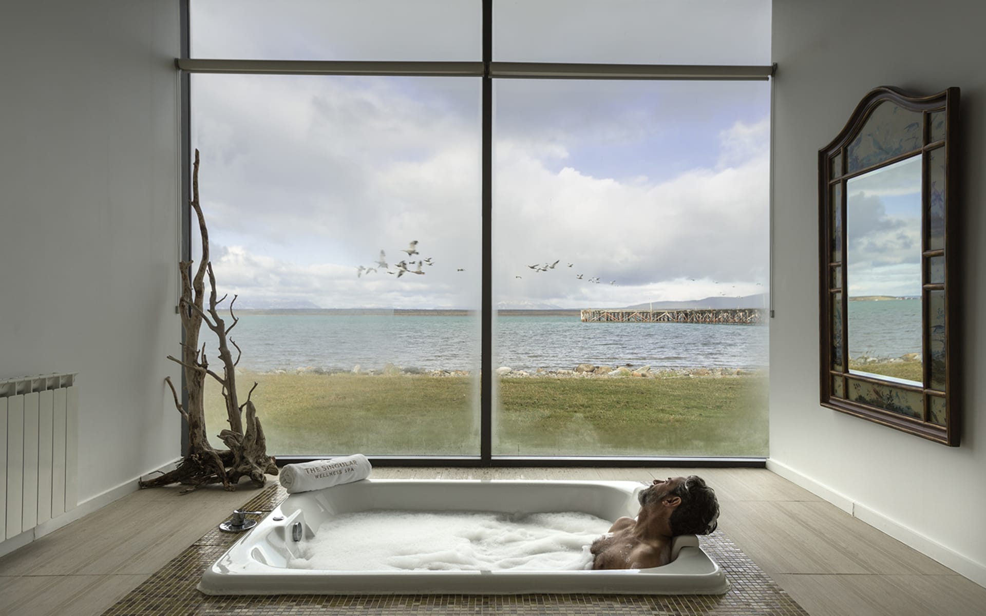 A woman sits in a hot tub looking out of floor-to-ceiling windows where a flock of birds fly outside. 